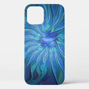 Blue Flower Fantasy Pattern, Abstract Fractal Art iPhone 12 Case