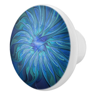 Blue Flower Fantasy Pattern, Abstract Fractal Art Ceramic Knob
