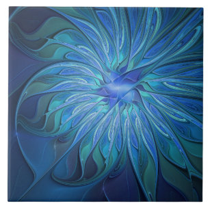 Blue Flower Fantasy Pattern, Abstract Fractal Art Ceramic Tile