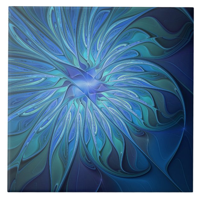 Blue Flower Fantasy Pattern, Abstract Fractal Art Ceramic Tile (Front)