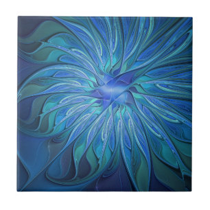 Blue Flower Fantasy Pattern, Abstract Fractal Art Ceramic Tile