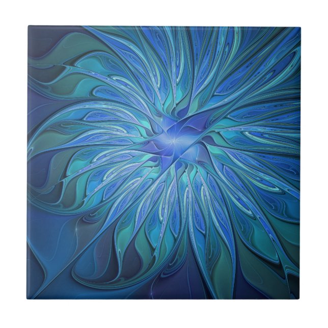 Blue Flower Fantasy Pattern, Abstract Fractal Art Ceramic Tile (Front)