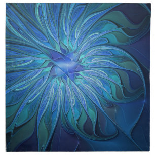 Blue Flower Fantasy Pattern, Abstract Fractal Art Cloth Napkin