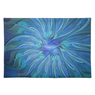 Blue Flower Fantasy Pattern, Abstract Fractal Art Cloth Placemat