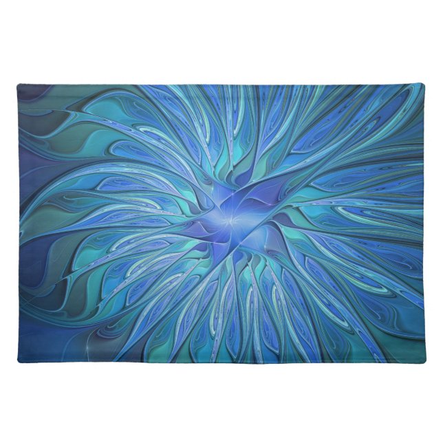 Blue Flower Fantasy Pattern, Abstract Fractal Art Cloth Placemat (Front)