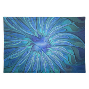 Blue Flower Fantasy Pattern, Abstract Fractal Art Cloth Placemat