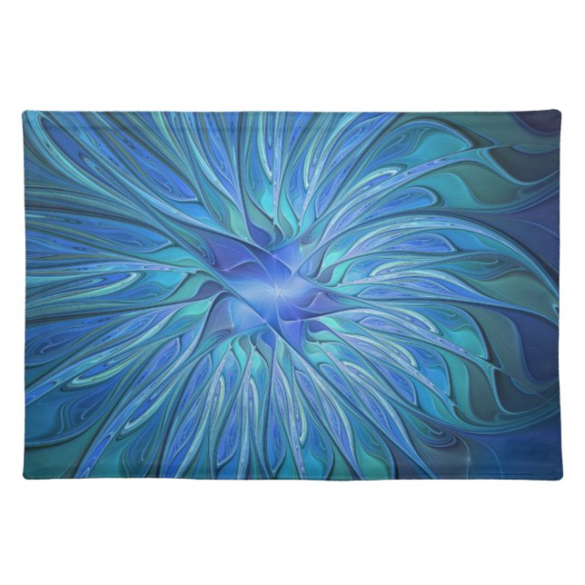 Blue Flower Fantasy Pattern, Abstract Fractal Art Cloth Placemat (Front)