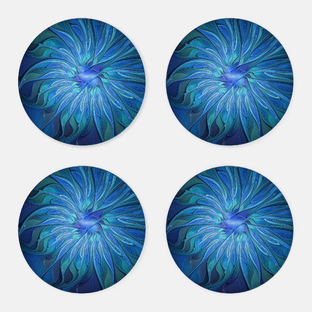 Blue Flower Fantasy Pattern, Abstract Fractal Art Coaster Set (Set)