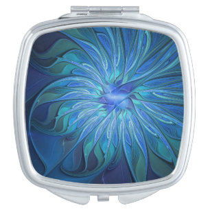 Blue Flower Fantasy Pattern, Abstract Fractal Art Compact Mirror