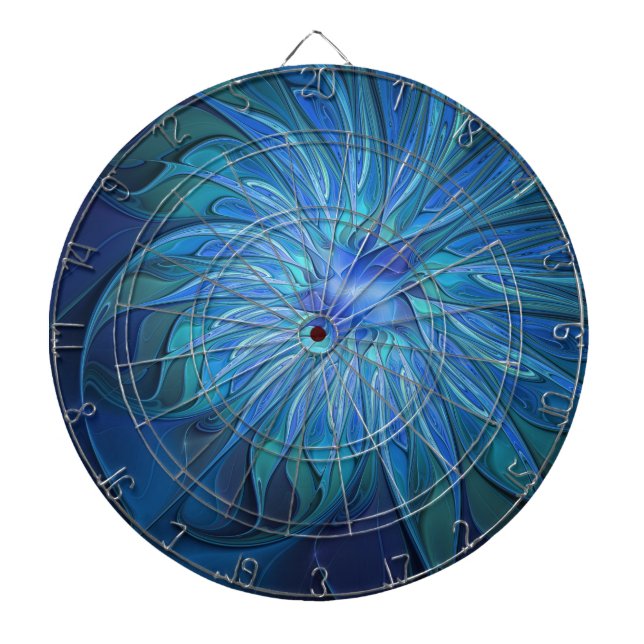 Blue Flower Fantasy Pattern, Abstract Fractal Art Dart Board (Front)