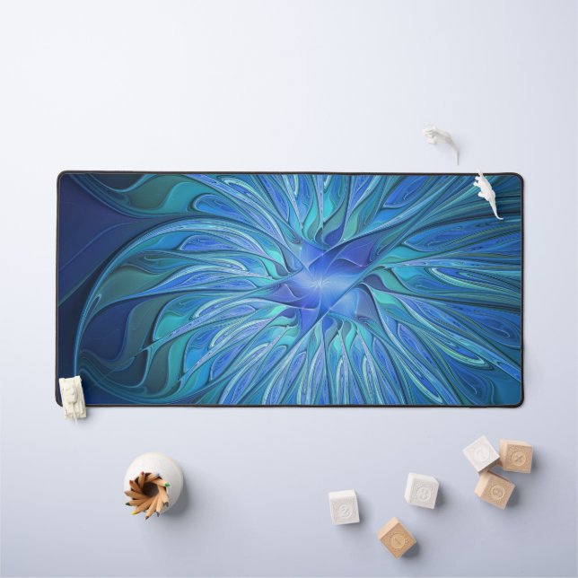 Blue Flower Fantasy Pattern, Abstract Fractal Art Desk Mat (Kids Table)