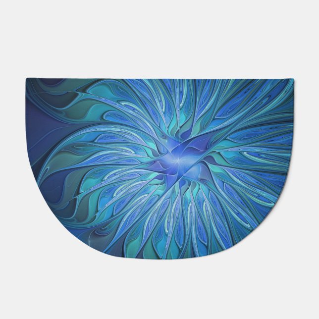 Blue Flower Fantasy Pattern, Abstract Fractal Art Doormat (Front)