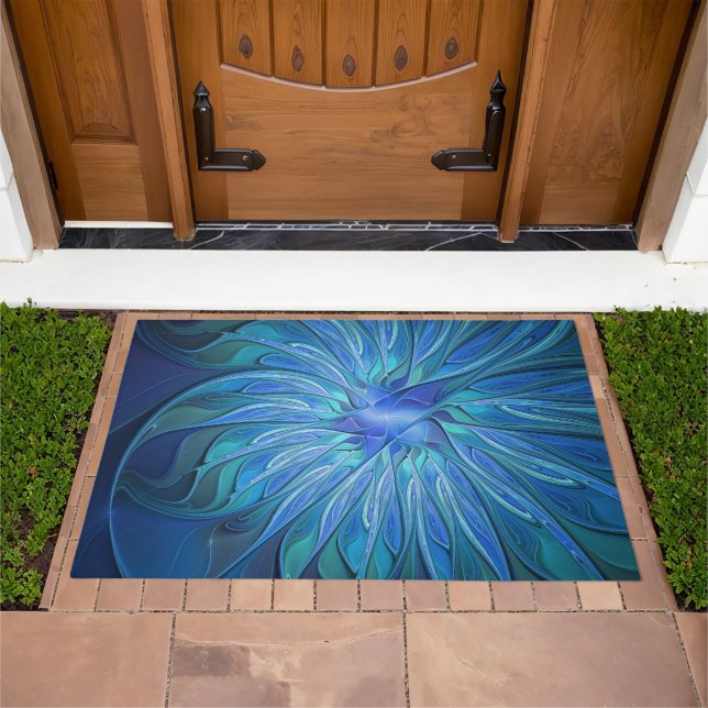 Blue Flower Fantasy Pattern, Abstract Fractal Art Doormat (Outdoor)