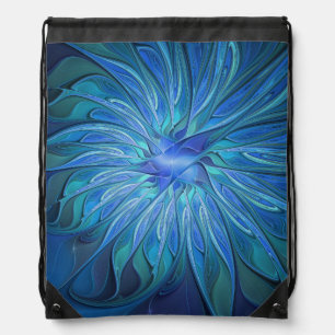 Blue Flower Fantasy Pattern, Abstract Fractal Art Drawstring Bag