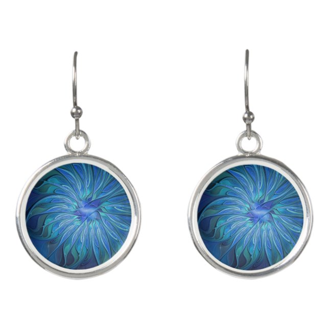 Blue Flower Fantasy Pattern, Abstract Fractal Art Earrings (Front)