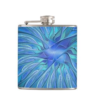 Blue Flower Fantasy Pattern, Abstract Fractal Art Flask