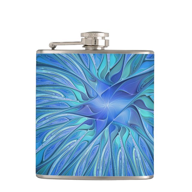 Blue Flower Fantasy Pattern, Abstract Fractal Art Flask (Front)