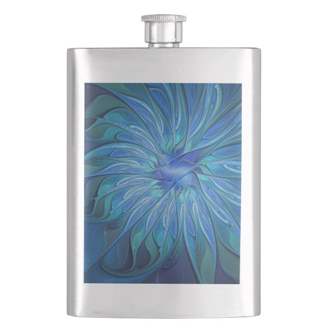 Blue Flower Fantasy Pattern, Abstract Fractal Art Flask (Front)