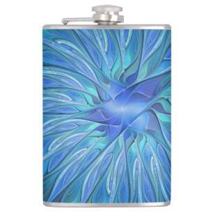 Blue Flower Fantasy Pattern, Abstract Fractal Art Flask