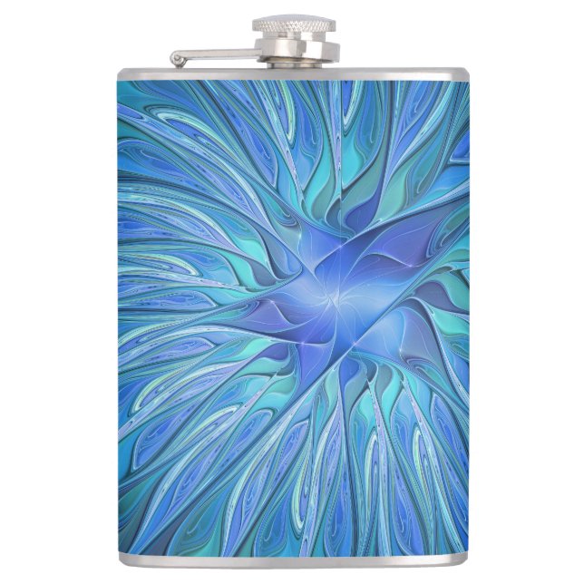Blue Flower Fantasy Pattern, Abstract Fractal Art Flask (Front)