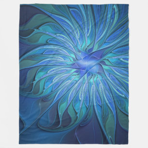 Blue Flower Fantasy Pattern, Abstract Fractal Art Fleece Blanket
