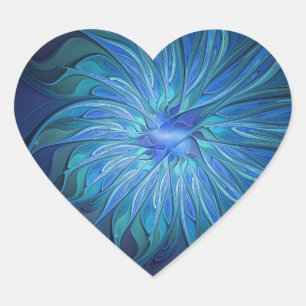 Blue Flower Fantasy Pattern, Abstract Fractal Art Heart Sticker