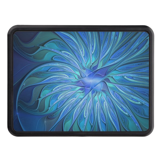 Blue Flower Fantasy Pattern, Abstract Fractal Art Hitch Cover (Front)