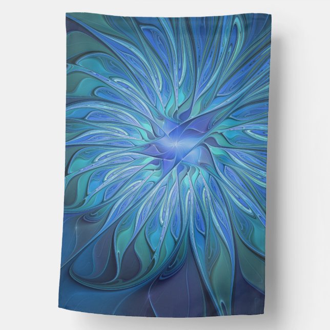 Blue Flower Fantasy Pattern, Abstract Fractal Art House Flag (Front)