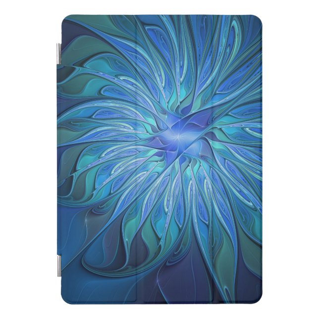 Blue Flower Fantasy Pattern, Abstract Fractal Art iPad Pro Cover (Front)