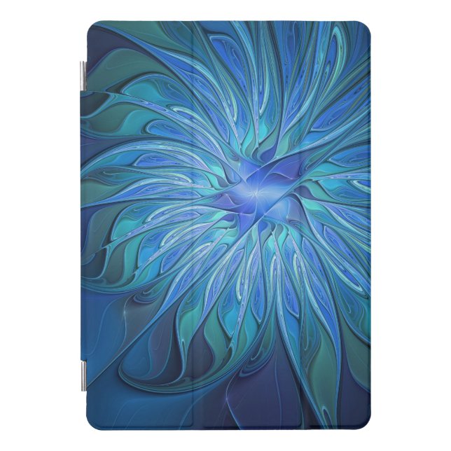 Blue Flower Fantasy Pattern, Abstract Fractal Art iPad Pro Cover (Front)