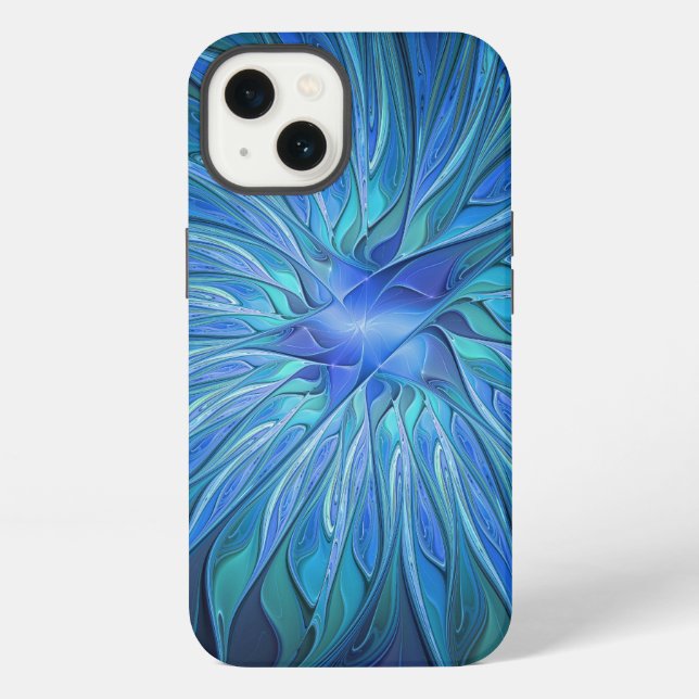 Blue Flower Fantasy Pattern, Abstract Fractal Art Iphone Case (Back)