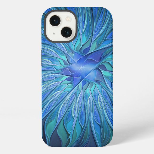 Blue Flower Fantasy Pattern, Abstract Fractal Art Iphone Case (Back)