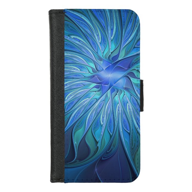 Blue Flower Fantasy Pattern, Abstract Fractal Art iPhone Wallet Case (Front)