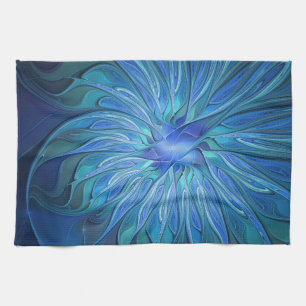 Blue Flower Fantasy Pattern, Abstract Fractal Art Kitchen Towel