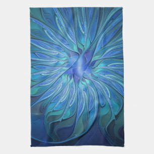 Blue Flower Fantasy Pattern, Abstract Fractal Art Kitchen Towel