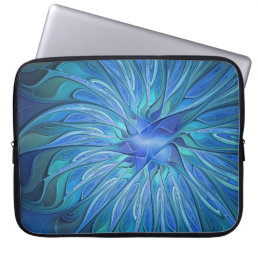 Blue Flower Fantasy Pattern, Abstract Fractal Art Laptop Sleeve