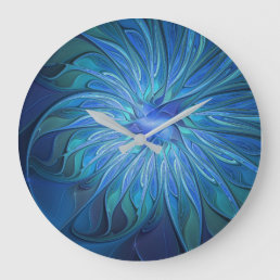 Blue Flower Fantasy Pattern, Abstract Fractal Art Large Clock