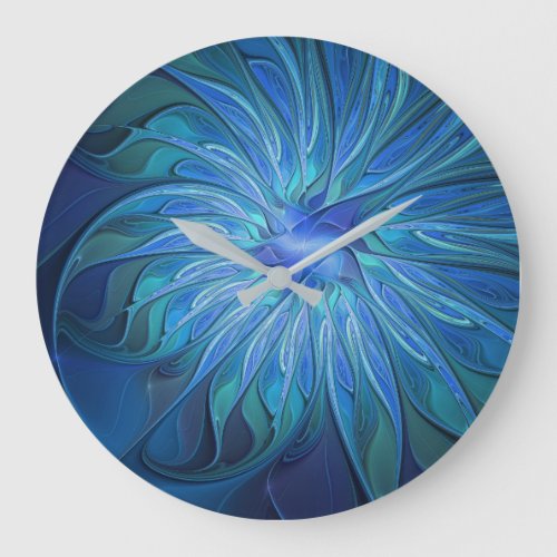 Blue Flower Fantasy Pattern Abstract Fractal Art Large Clock