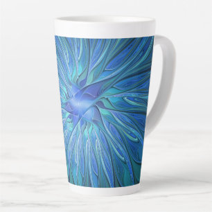 Blue Flower Fantasy Pattern, Abstract Fractal Art Latte Mug