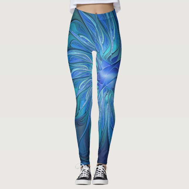 Blue Flower Fantasy Pattern, Abstract Fractal Art Leggings (Front)