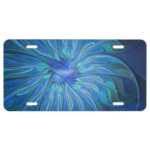Blue Flower Fantasy Pattern, Abstract Fractal Art License Plate