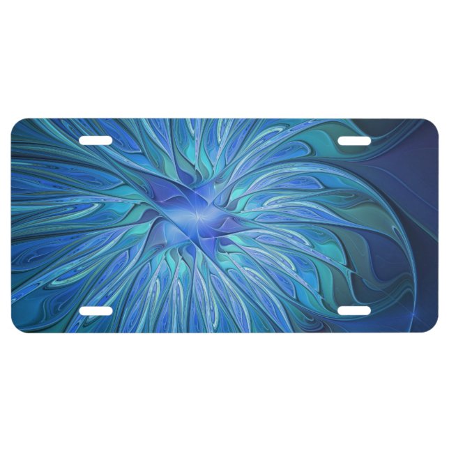 Blue Flower Fantasy Pattern, Abstract Fractal Art License Plate (Front)