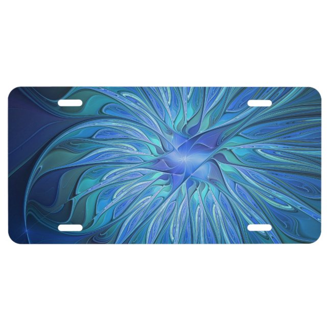 Blue Flower Fantasy Pattern, Abstract Fractal Art License Plate (Front)