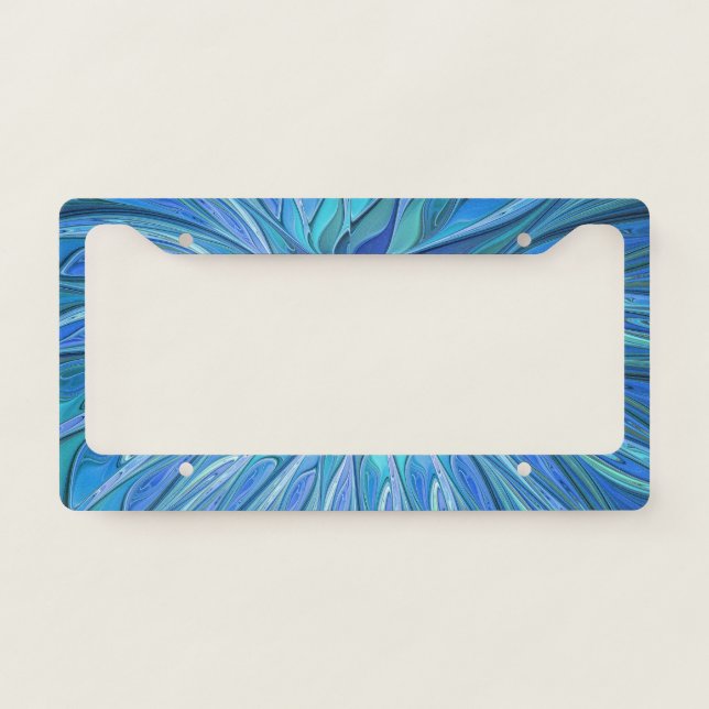 Blue Flower Fantasy Pattern, Abstract Fractal Art License Plate Frame (Front)