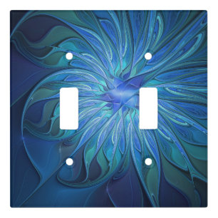 Blue Flower Fantasy Pattern, Abstract Fractal Art Light Switch Cover