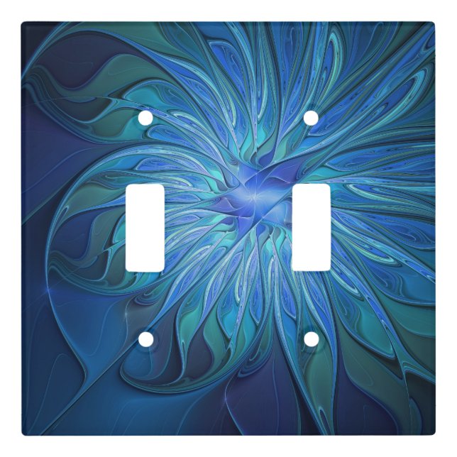 Blue Flower Fantasy Pattern, Abstract Fractal Art Light Switch Cover (Front)