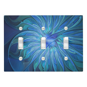 Blue Flower Fantasy Pattern, Abstract Fractal Art Light Switch Cover