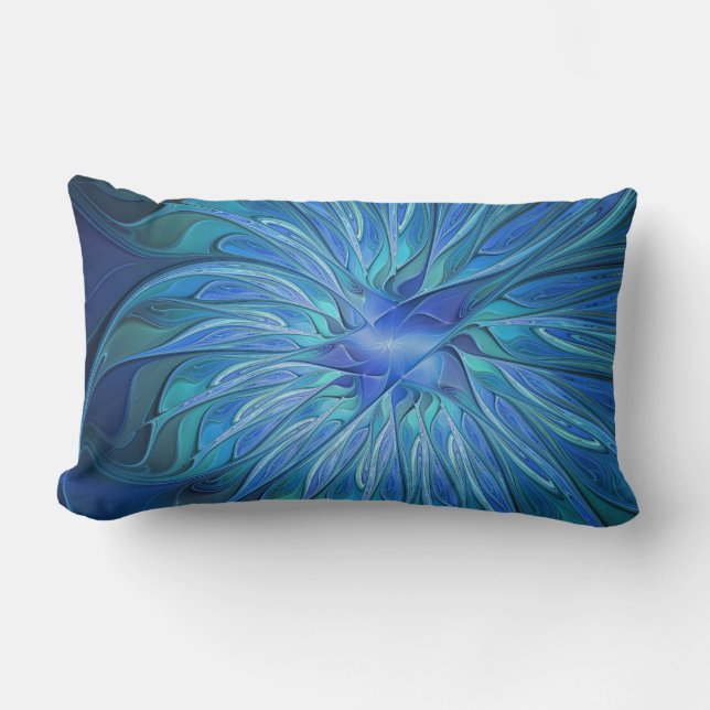 Blue Flower Fantasy Pattern, Abstract Fractal Art Lumbar Pillow (Front)