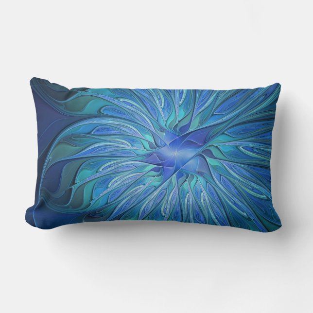 Blue Flower Fantasy Pattern, Abstract Fractal Art Lumbar Pillow (Front)