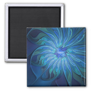 Blue Flower Fantasy Pattern, Abstract Fractal Art Magnet